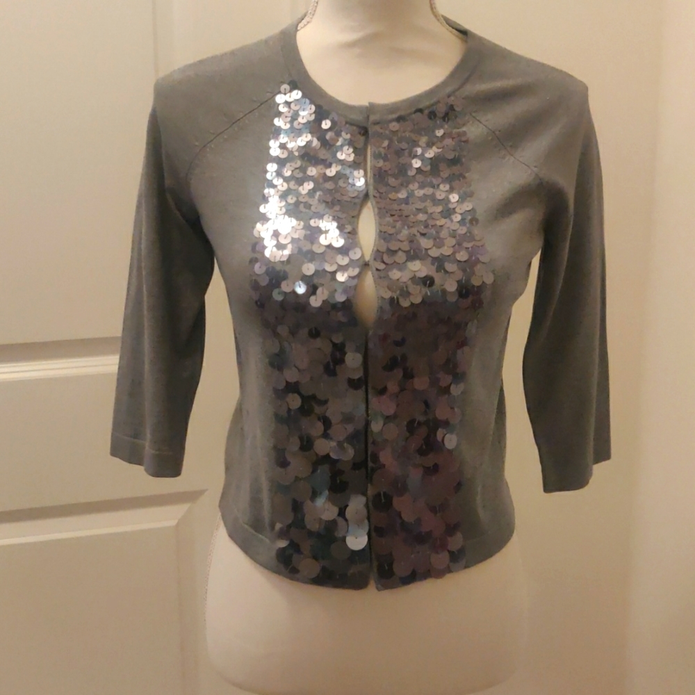 Ann Taylor Womens Cardigan Sweater Sz XS Light Gray Silver Sequins Sparkle